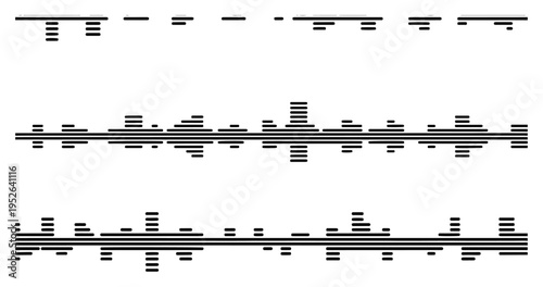 Music visualization waveforms with thin horizontal sound bars in minimalist black and white style
