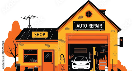 Flat design illustration of auto repair shop