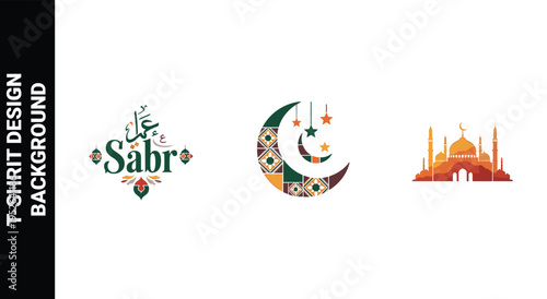 Islamic design collection with sabr calligraphy moon and mosque silhouettes