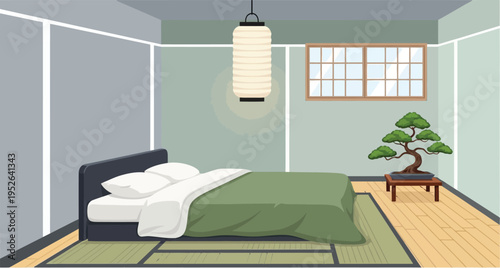 Japanese Style Bedroom Interior Vector Illustration with Bonsai Tree, Paper Lantern, Tatami Floor, Low Bed and Shoji Window