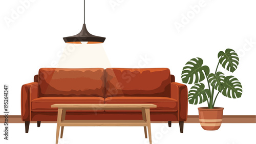Mid-Century Modern Living Room Vector Illustration with Terracotta Sofa, Pendant Lamp, Coffee Table and Monstera Plant