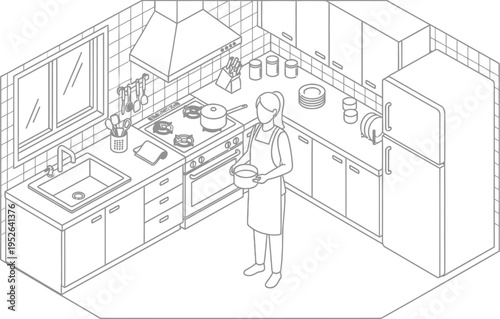 Line art of woman cooking in modern kitchen