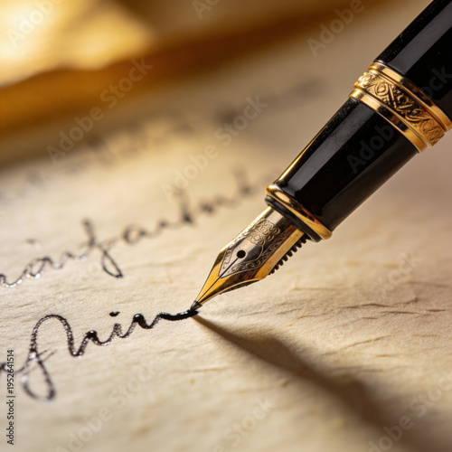 Luxury fountain pen writing on paper close-up with elegant handwriting, classic signature concept, premium stationery and timeless craftsmanship detail