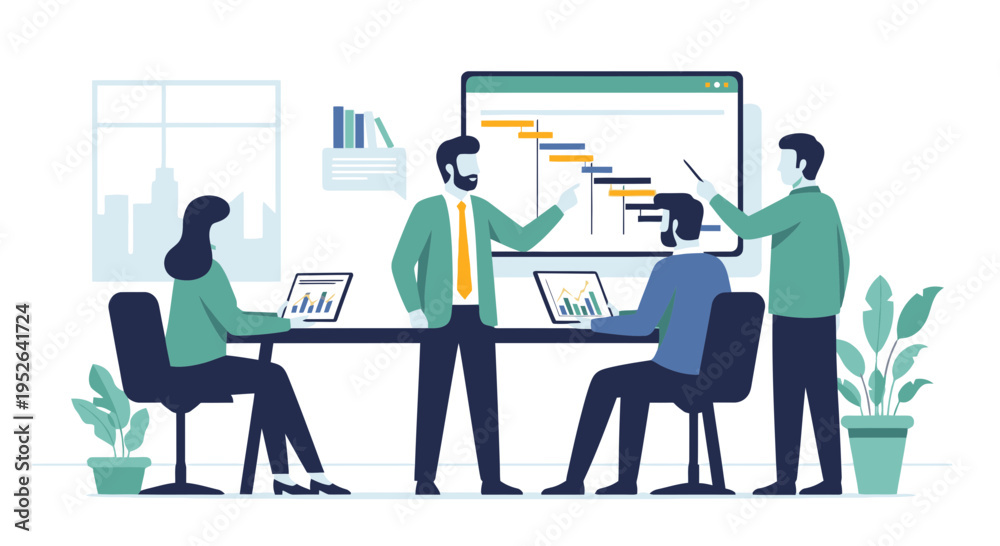 Fototapeta premium Office Project Management Planning Discussion Flat Minimal Illustration