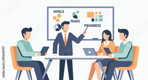 Employee productivity discussion planning session flat vector illustration