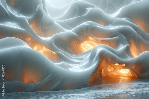 Create an abstract representation of calming rhythms, using fluid shapes and soothing colors that flow seamlessly into one another.