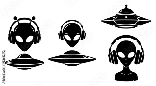 Alien heads with headphones and UFO spaceships icon set in flat style