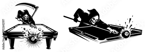 Grim reaper playing billiards with a scythe in graphic black and white style