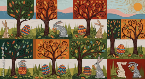 Whimsical easter celebration depicted in a charming patchwork quilt style featuring adorable cartoon bunnies intricately decorated eggs and stylized trees with vibrant autumn