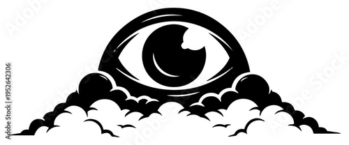 Giant all-seeing eye rising above clouds in bold graphic minimalist style