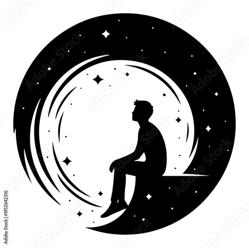 Man silhouette sitting on the moon looking at stars in minimalist circular style