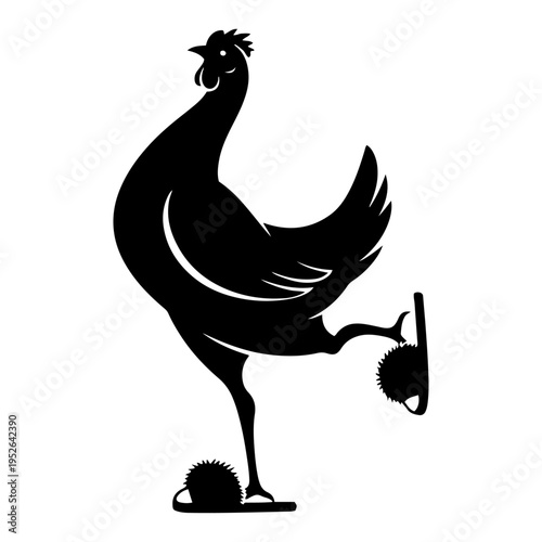 Hen silhouette wearing spiked slippers or durian shoes in funny minimalist style