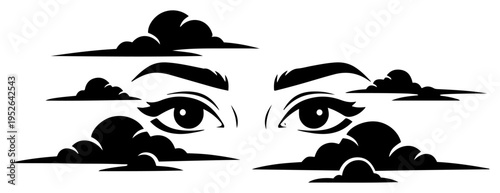 Human eyes watching through clouds in minimalist black and white graphic style
