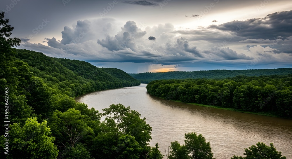 Obraz premium A majestic river carves its way through a lush forested valley under a dramatic cloud filled sky