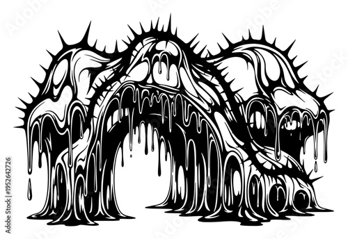 Melting organic archway with sharp spikes and dripping liquid in dark gothic style