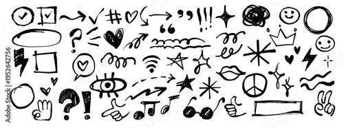 Crayon Scrapbook Doodle Collection. Retro Hand Drawn Scribble Stickers with Lightning, Stars, Arrows. Bold Punk Rock Crayon Marks, Highlight Elements. Scrapbook shapes for notes, journal.
