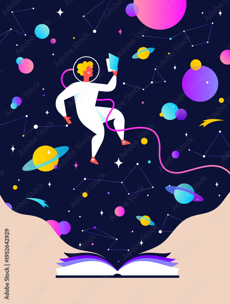 Fototapeta premium Book, Imagination, Dreams. Cosmos story, space imagination. Open book storybook for children. Online books, digital library storytelling, story store. Best sellers top list. Vector Illustration