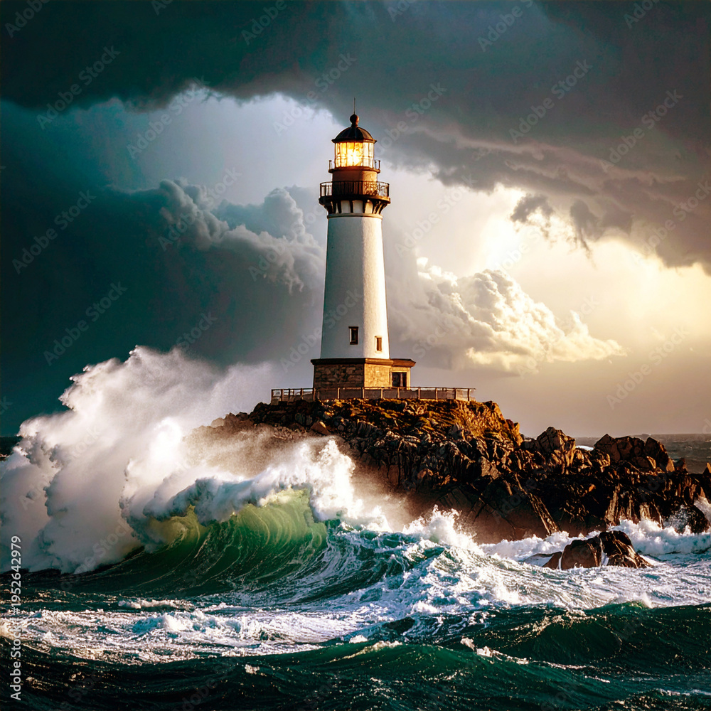Obraz premium Lighthouse on the Coast with waves thrashing against it under a stormy dark sky