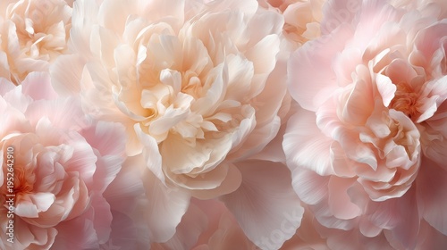 Peony petals cover the space with soft colors and smooth lighting, creating a nice background for various design uses and projects.