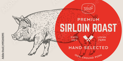 Vintage pig meat butcher engraving, pork sirloin roast label. Traditional butcher shop pork meat branding, rustic pig emblem. Quality pork meat pig butcher sign. Vector Illustration