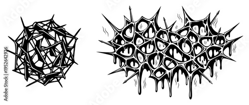 Thorny bush tangle and melting organic spiky mass in minimalist black and white style