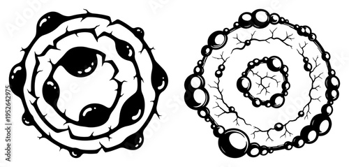 Microscopic cells or abstract circular planets with bubbles and cracks in minimalist style