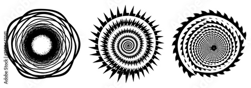 Spiral vortex designs with jagged edges and concentric patterns in abstract monochrome style