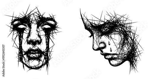 Crying female faces with expressive scribbled lines in emotional sketch style