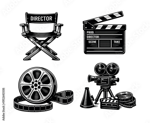 Vintage film equipment illustration set with director chair camera clapperboard and film reel