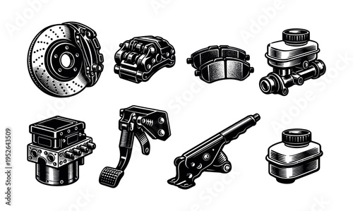 Detailed vector illustration of automotive brake system components in black and white silhouette