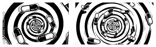 Medical capsules falling into hypnotic spiral vortex tunnel in surreal style