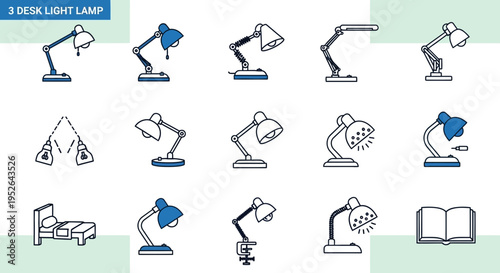 Desk lamps vector illustrations set for lighting design and workspace