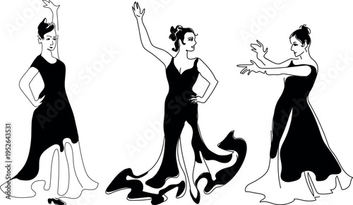 Set of three flamenco dancers silhouette, female figures in traditional dresses