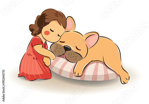 Heartwarming cartoon illustration of a little girl gently hugging a sleeping dog on a soft pillow, expressing love, comfort, and companionship.