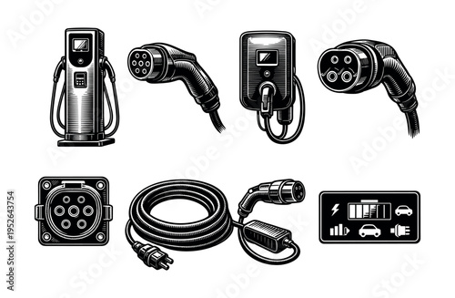 Vector set of electric vehicle charging stations and connectors in black and white illustration