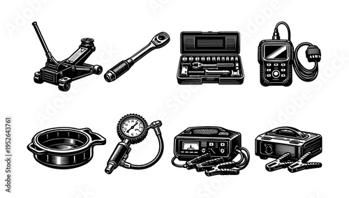 Black and white vector set of automotive tools and equipment for garage use