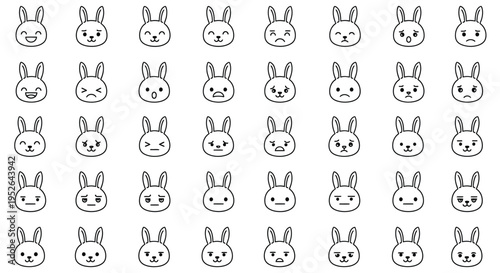 Collection of cute simple line art bunny face emoji icons illustrating a wide range of emotions and expressions
