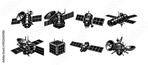 Set of eight detailed satellite vector illustrations in black and white style