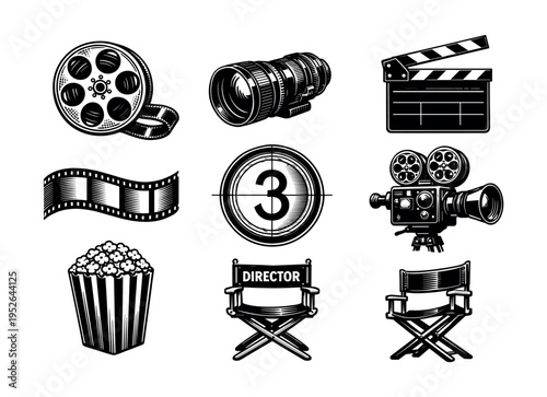 Vintage film and cinema icon set in black and white, including retro camera and director chair