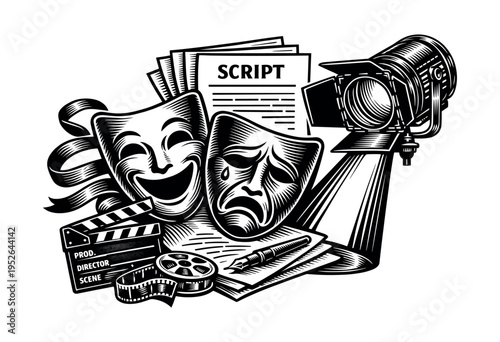 Theater masks and spotlight with script and clapperboard in black and white vector illustration