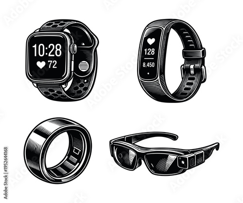 Vector illustration of smart wearable tech devices featuring watches and glasses