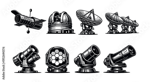 Set of vintage black and white telescope and satellite dish illustrations