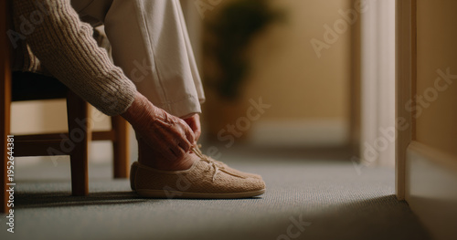 Elderly person tying shoe laces indoors