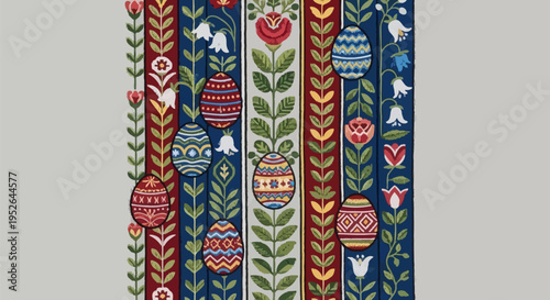 Vibrant folk art easter egg pattern with stylized flowers and leaves in vertical stripes on a blue background festive spring holiday textile design traditional scandinavian