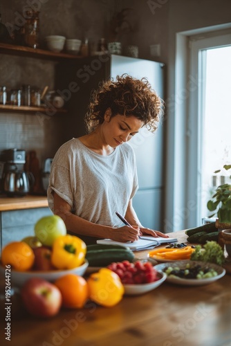 Woman planning a healthy nutrition plan at a table with fresh fruits and vegetables
