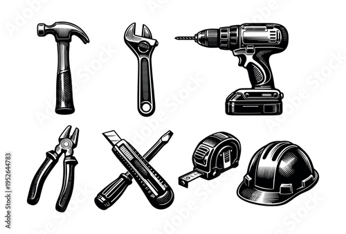 Vector illustration of hand tools and safety gear set, black and white clipart