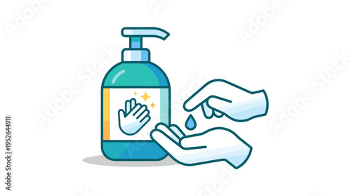 Hand sanitizer bottle and clean hands with drop