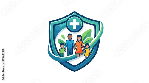 Family healthcare shield with medical cross and leaves