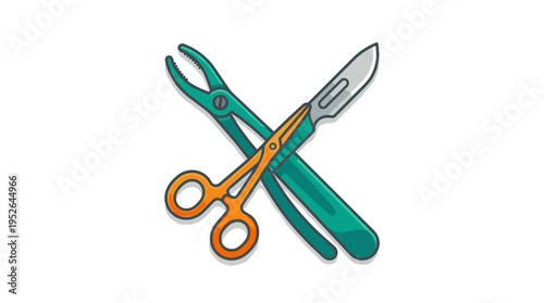 Crossed surgical instruments: scalpel and forceps, flat design