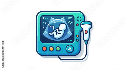 Flat design ultrasound machine showing a baby on screen